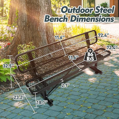 6FT/72INCH Heavy Duty Metal Park Bench for Outside, Outdoor Garden Benches with Backrest & Portable Frame, Expanded Metal Mesh Bench for Shopping Malls, Lawn, Park, Deck, Patio, Porch, Black