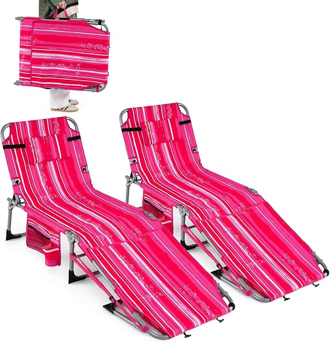Goplus Tanning Chair with Face Arm Holes, Portable Sunbathing Chair w/4-Level Backrest, Head Pillow
