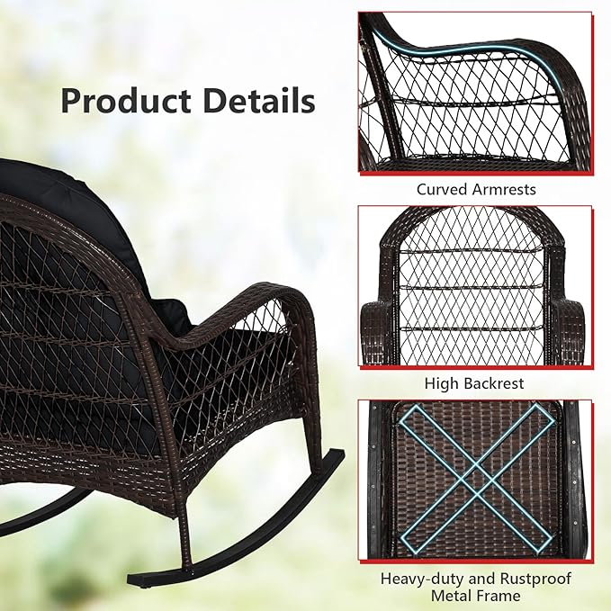 ORALNER Wicker Patio Rocking Chair, Outdoor PE Rattan Rocker with Seat and Back Cushion, Waist Pillow, Armrests, Garden Chair for Porch, Backyard, Poolside, Deck (1, Black)