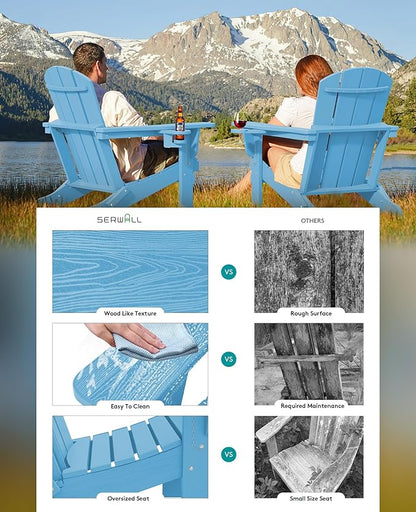 SERWALL Adirondack Chair with Cup Holders - Composite Adirondack Chairs Set of 8 HDPE Outdoor Chairs All Weather Use- Light Blue