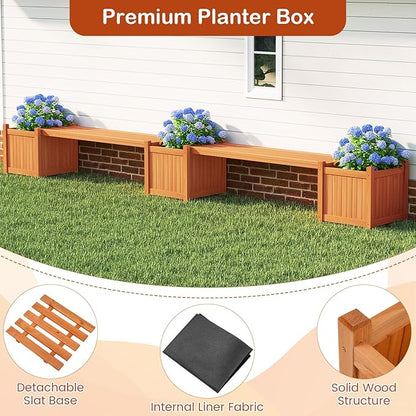 2-in-1 Outdoor Planter Box with Bench, Outdoor Bench with 2 Raised Garden Beds, Open-Ended Base Planter Box, Teak Oil Finish Wood Seat, Garden Bench Seat for Porch Balcony Lawn Yard