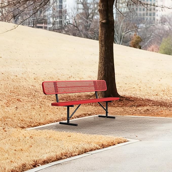 8FT Park Bench for Outside Heavy Duty Metal Mesh Bench with Back Portable Frame, Commercial Steel Bench Outdoor Garden Benches for Lawn, Park, Deck, Garden, Patio, Porch (Red, 8FT)