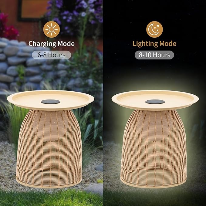 Outdoor Coffee Table Boho Wicker Patio Solar Table Festival Decoration All Weather Metal Round Tables with Built-in - Photo 8