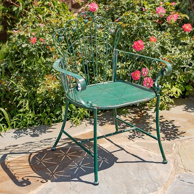 Zaer Ltd. Vintage Style Metal Patio Furniture with Heart Design Accents, Outdoor/Indoor Decor (Antique Green, Arm Chair) - Photo 2
