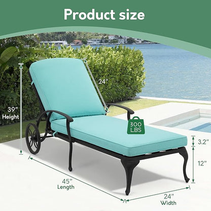 Chaise Lounge Chair Outdoor- Patio Pool Chairs Tanning Lounges for Outside Beach Lounger Cast Aluminum with Cyan Cushion 1Pack