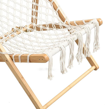 Set of 2 Boho Rope Folding Lounge Chairs – Adjustable Outdoor Macrame Patio Chairs with Bamboo Frame, Portable Deck Chairs for Garden, Porch, Beach, Poolside (Natural)