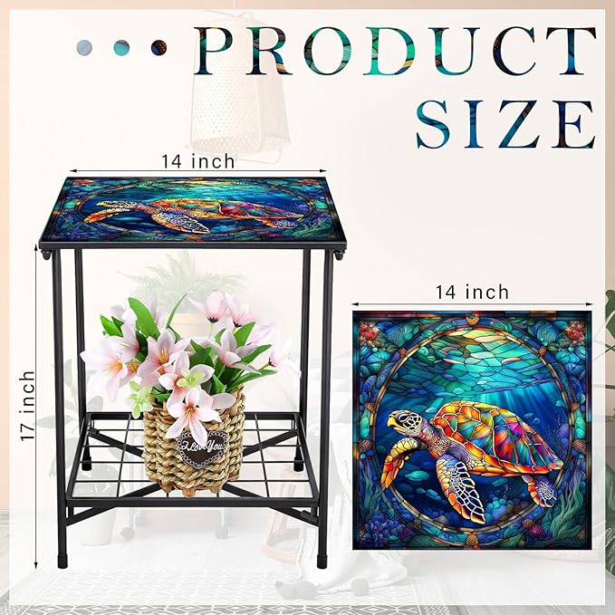 Outdoor Side Table 2-Tier Storage Square Small Mosaic Patio Accent Indoor End Plant Coffee Tea Table for Yard Patio Porch Garden Living Room, Bedroom(Turtle Style)
