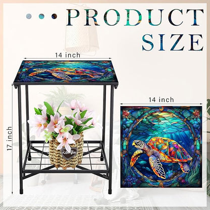 Outdoor Side Table 2-Tier Storage Square Small Mosaic Patio Accent Indoor End Plant Coffee Tea Table for Yard Patio Porch Garden Living Room, Bedroom(Turtle Style)