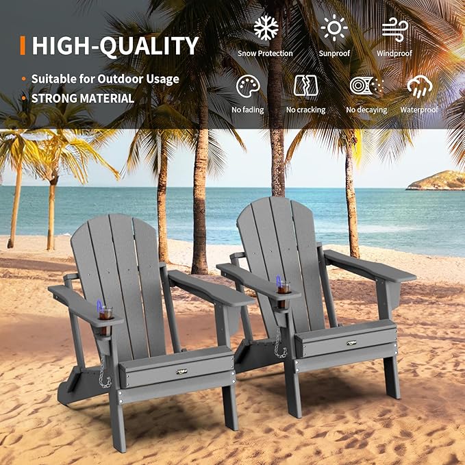 VINGLI Plastic Adirondack Chairs, Folding with Cup Holder, Waterproof HDPE Material - Photo 4