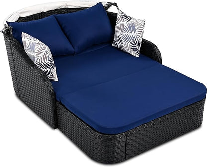 LUMISOL Outdoor Daybed with Retractable Canopy, PE Rattan Sunbed with Cushions, Double Lounge for Patio, Garden, Poolside, Black Wicker and Blue Cushion