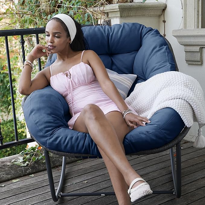 Oversized Rocking Chair Outdoor, Rocking Papasan Chair, Patio Egg Chair with Padded Cushion, Outdoor Wicker Rocking Chair for Front Porch, Garden, Patio (Navy Blue)