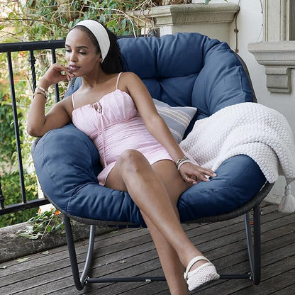 Oversized Rocking Chair Outdoor, Rocking Papasan Chair, Patio Egg Chair with Padded Cushion, Outdoor Wicker Rocking Chair for Front Porch, Garden, Patio (Navy Blue)