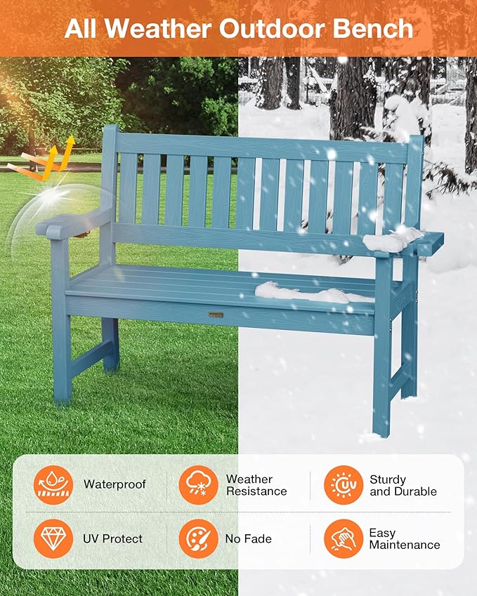YEFU Outdoor Bench for Patio Waterproof: Heavy Duty 2-Person Garden Bench Set of 2 with 2 Cup Holders & Oversized Seating - HIPS Weatherproof Patio Benches for Front Porch Backyard Park, Blue