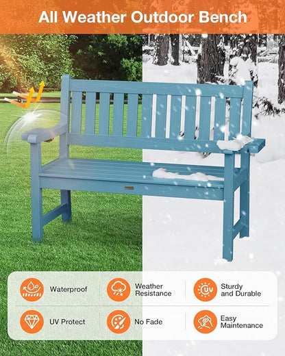 YEFU Outdoor Bench for Patio Waterproof: Heavy Duty 2-Person Garden Bench Set of 2 with 2 Cup Holders & Oversized Seating - HIPS Weatherproof Patio Benches for Front Porch Backyard Park, Blue
