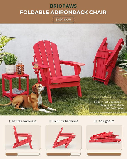 BRIOPAWS Folding-Adirondack-Chairs Set of 4 | HDPE | Fire Pit Chair | Cup Holder | Weather Resistance | Red | for Outdoor Backyard Deck Patio