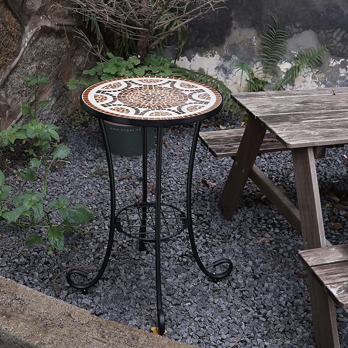 VCUTEKA Outdoor Side Table Mosaic Patio Table Accent Tables Mosaic Tile Top Metal Frame Small End Tables Porch Beach Patio Garden Balcony Russet 14''