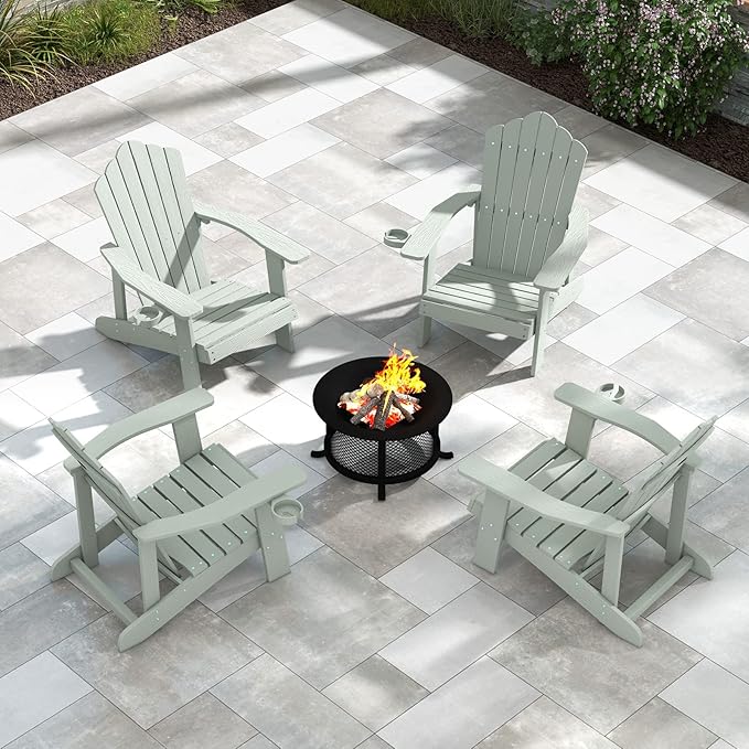 Tangkula Oversized Adirondack Chair, Patio Lounge Chairs w/Adjustable Cup Holder, HIPS Armchairs Slatted Chair, Outdoor Weather Resistant Fire Pit Chair for Deck Backyard Garden Porch (2, Light Grey)