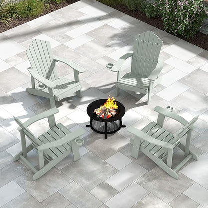 Tangkula Oversized Adirondack Chair, Patio Lounge Chairs w/Adjustable Cup Holder, HIPS Armchairs Slatted Chair, Outdoor Weather Resistant Fire Pit Chair for Deck Backyard Garden Porch (4, Light Grey)
