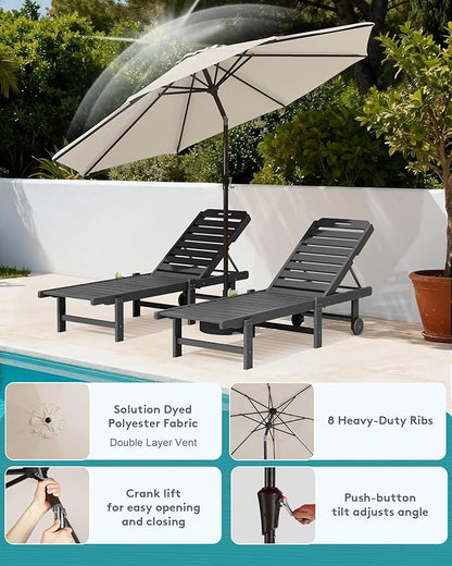 SERWALL Outdoor Chaise Lounge Set of 2 with 9FT Patio Umbrella, HDPE Pool Lounge Chair with 5-Position Adjustable Backrest, Patio Lounger with Rolling Wheels & Cup Holder for Pool, Grey
