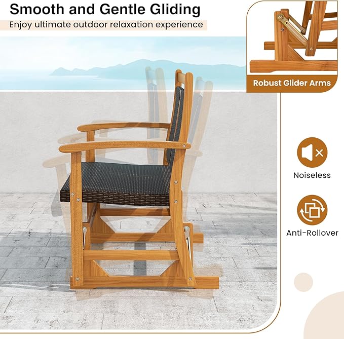 HAPPYGRILL Outdoor Glider Bench Acacia Wood Porch Glider with Rattan Seat and Backrest, Curved Armrests, 2-Person Swing Rocking Chair for Patio, Backyard, Garden, Balcony