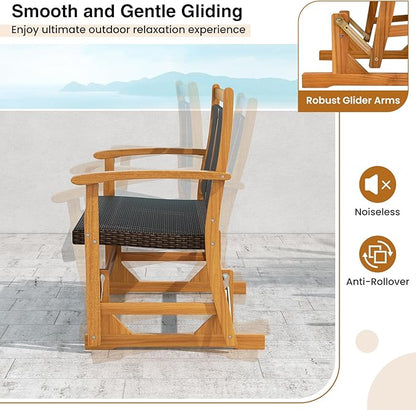 HAPPYGRILL Outdoor Glider Bench Acacia Wood Porch Glider with Rattan Seat and Backrest, Curved Armrests, 2-Person Swing Rocking Chair for Patio, Backyard, Garden, Balcony