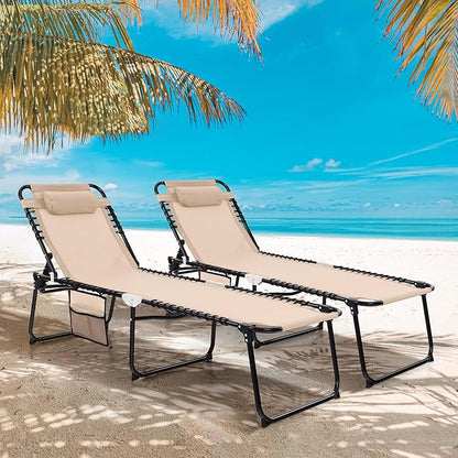 Goplus Chaise Lounge Chair Outdoor, Folding 5-Postion Beach Lounge Chair with Detachable Pillow, Side Pocket, Sunbathing Lounger, Adjustable Tanning Chair for Patio Lawn Pool Yard