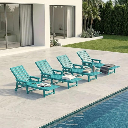 5-Position Adjustable Lounge Chair Outdoor Set of 4, HDPE Outdoor Chaise Lounge with Cup Holder & Wheels, Pool Lounge Chairs for Poolside, Beach, Deck, Aruba Blue