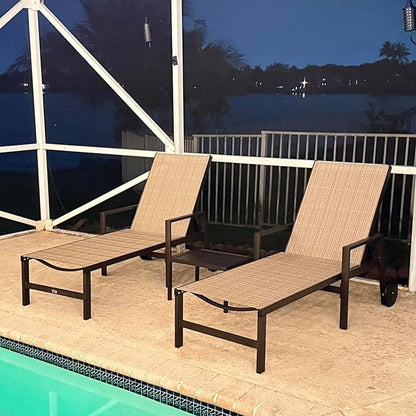 PURPLE LEAF Outdoor Chaise Lounge Chair Set of 2 with Armrests, Aluminum Patio Loungers with Wheels and Adjustable Backrest, Includes Side Table for Deck, Outside, Lawn, Garden, Light Tan