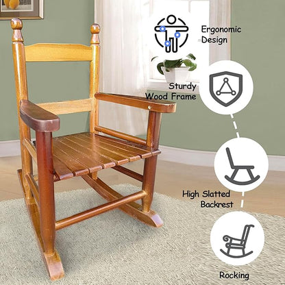 Toddler Rocking Chair for Kids Age 2-5, Hardwood Porch Rocker with Back Support & Armrest for Small Spaces Living Room Outdoor Garden, Easy Assembly (Oak)