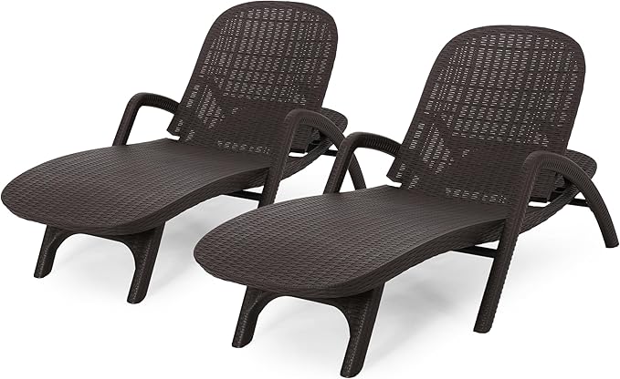 Christopher Knight Home Waverly Wicker Chaise Lounges Set of 2, Wicker Lounge Chair, Deep Seating Lounge Sofa, Beach Chair, Chaise Lounge with Armrest, Patio Lounge for Garden Pool Side, Dark Brown