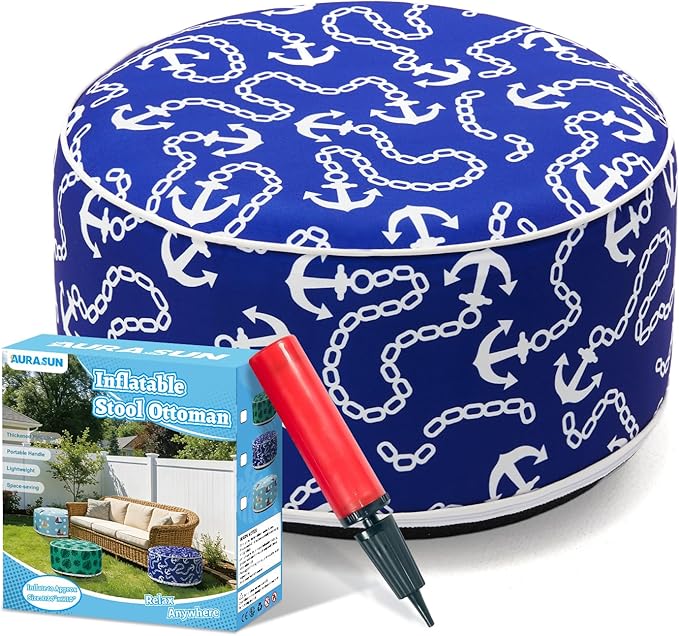 AURASUN Inflatable Patio Ottoman Pouf - Portable Stool with Handle D20” x H10” - Air Pump Included for Outdoor Indoor Use - Comfortable Foot Rest or Seating for Garden Camping or Home (Navy Blue)
