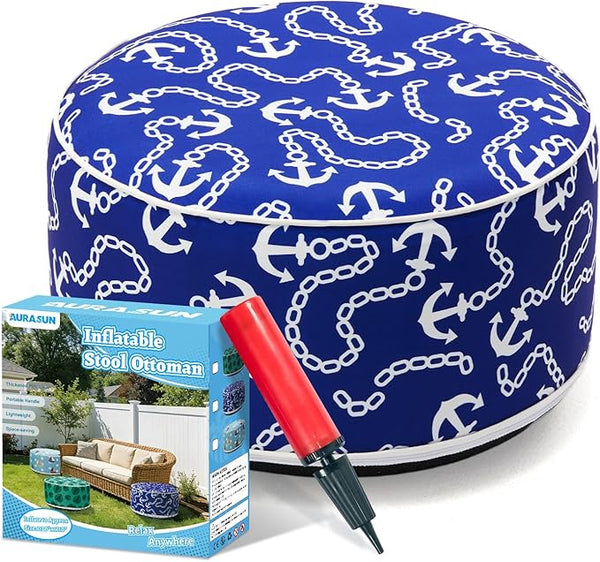 AURASUN Inflatable Patio Ottoman Pouf - Portable Stool with Handle D20” x H10” - Air Pump Included for Outdoor Indoor - Photo 1