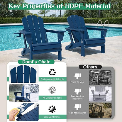 Domi Folding Adirondack Chair Set of 2, HDPE All-Weather Adirondack Chairs with Cup Holder, Outdoor Plastic Fire Pit Chairs Wood Texture for Poolside, Patio, Backyard, Deck (Blue)