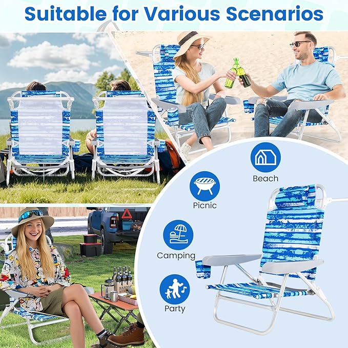 GYMAX Beach Chairs, 2Pcs Folding Camping Chair with Adjustable Backrest, Shoulder Strap, Cup Holder & Headrest - Photo 8