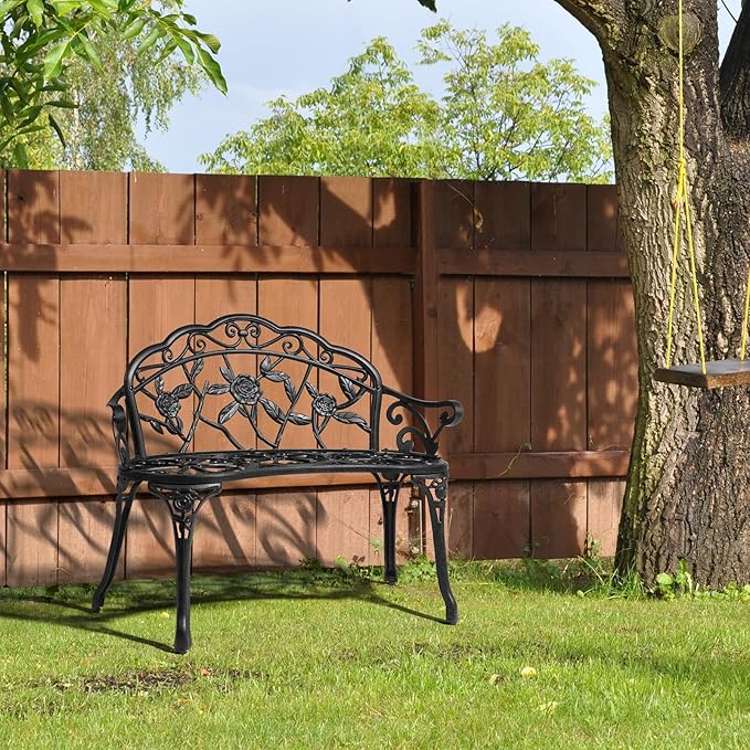 Outvita Patio Garden Bench, 38" Cast Aluminum Outdoor Chair Anti-Rust Weather Resistant Patio Bench Rose Pattern Bench - Photo 10