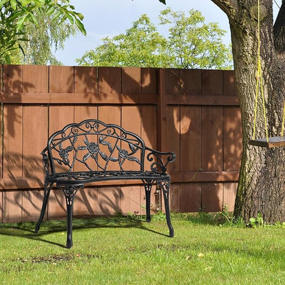 Outvita Patio Garden Bench, 38" Cast Aluminum Outdoor Chair Anti-Rust Weather Resistant Patio Bench Rose Pattern Bench for Front Porch, Backyard, Lawn