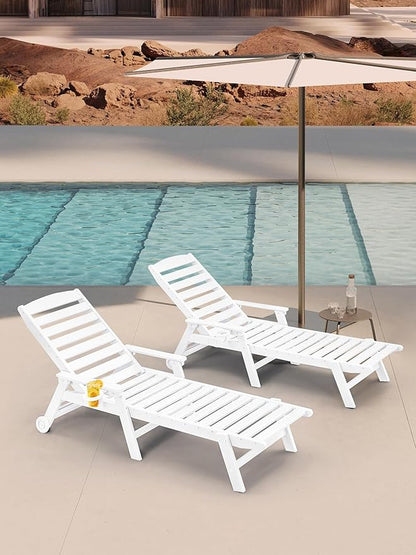 HDPE Outdoor Chaise Lounge Set of 2, 5-Position Adjustable Outdoor Lounger with Wheels & Cup Holder, 78.4'' Poly Lounge Chairs, HDPE Patio Lounge Chairs for Deck, Backyard, Poolside, Pearl
