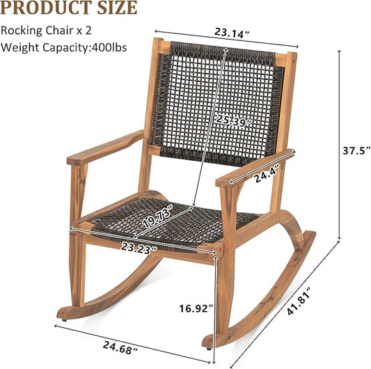 Outdoor Rocking Chair Set, Acacia Wood Patio Rockers with Wicker Rattan Seat & Backrest, Comfortable Garden Porch Chairs for Backyard, Balcony & Poolside, Dark Brown