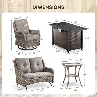 Patio Loveseat Glider Set, Resin Wicker Loveseat Glider with 4 Swivel Patio Chiars Rectangular Firepit Table, 7 Piece Patio Conversation Loveseat Set, Grey Wicker|Grey Cushions
