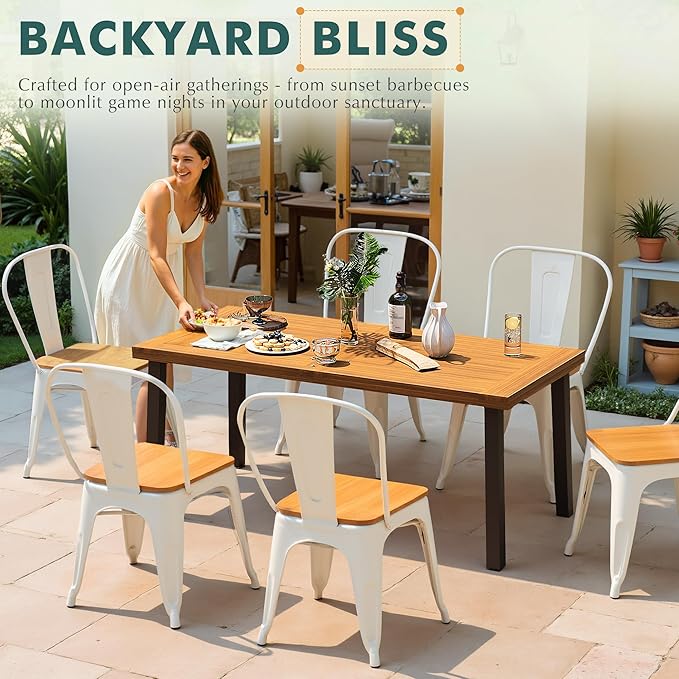 Flamaker Dining Table for 6 Acacia Wood Indoor Outdoor Home Kitchen Table with Iron Legs Large Rectangular Patio Table - Photo 3