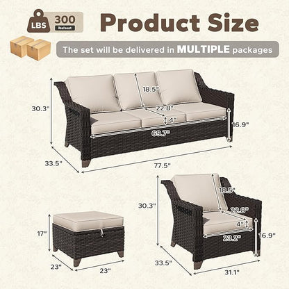 5 Pieces Patio Conversation Furniture Set - 1 Sofa, 2 Armchairs, 2 Ottomans, Outdoor Wicker Furniture with Removable Cushions for Porch, Balcony, Sunroom (Beige)