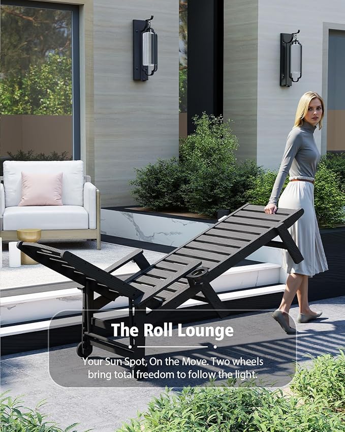 Domi Patio Lounge Chair Outdoor, HDPE Outdoor Chaise Lounge with Reclining Backrest, Pool Lounger Chair for Outside, Poolside, Sunbathing Tanning, Black