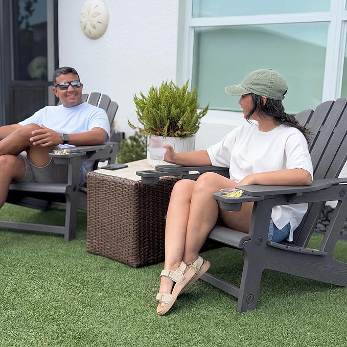 PURPLE LEAF Adirondack Chair Set of 2 HDPE All-Weather Outdoor Fire Pit Chair with 24.6" Oversized Seat Wood-Textured Patio Adirondack Chair with Dual Cup Holders for Garden Deck Backyard, Gray