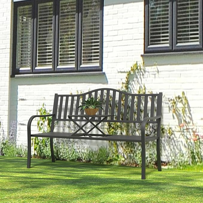 YLGJ&TIDY 50 Inches Garden Benches for Outdoor Patio Bench with Stripe Pattern Backrest Armrest Weatherproof Park Benches Metal Bench for Garden Park Porch Lawn Yard (BENCH04)
