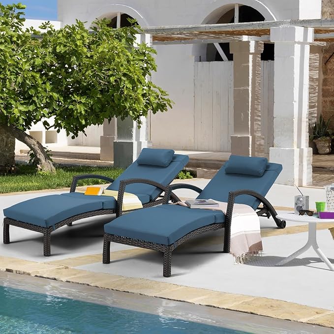 HOMREST Chaise Lounge Chairs Set of 4, PE Rattan Wicker Recliner, Patio Lounge Chair with Adjustable 5 Position Arm & Wheels for Poolside Backyard Deck Porch,Dark Blue