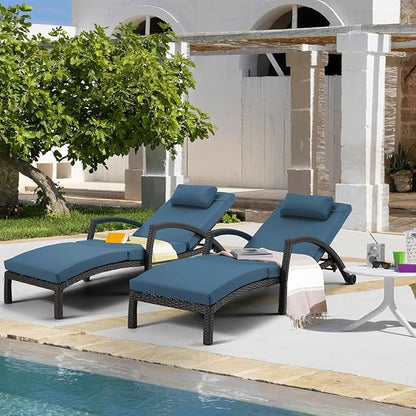 HOMREST Chaise Lounge Chairs Set of 4, PE Rattan Wicker Recliner, Patio Lounge Chair with Adjustable 5 Position Arm & Wheels for Poolside Backyard Deck Porch,Dark Blue