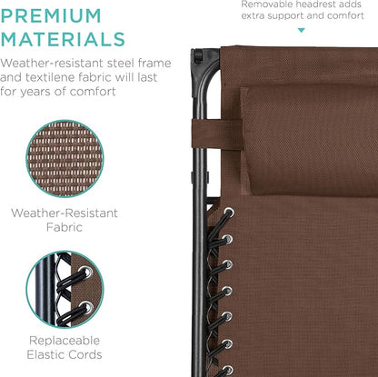 Best Choice Products Folding Zero Gravity Outdoor Recliner Patio Lounge Chair w/Adjustable Canopy Shade, Headrest, Side Accessory Tray, Textilene Mesh - Brown