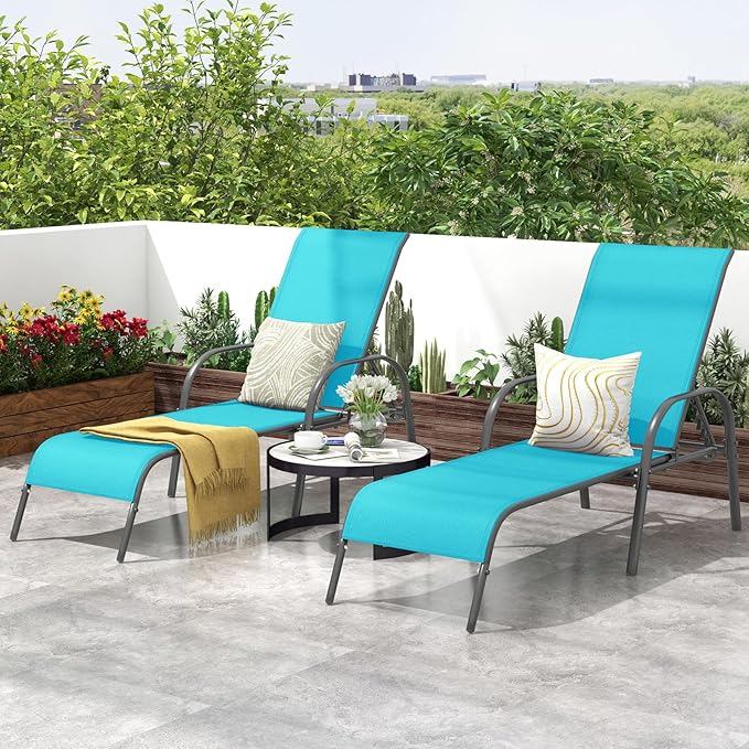 COSTWAY Outdoor Lounge Chairs Set of 2, Patio Chaise Lounge Recliner with Heavy Duty Steel Frame, 5-Position Adjustable Backrest for Deck, Beach, Pool (2, Turquoise)