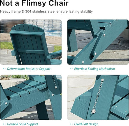 HDPE Foldable Adirondack Outdoor Chair Set of 2 with Cup Holder, Weather Resistant Heavy-Duty Patio Chair for Patio, Backyard, Deck, Fire Pit, Lawn and Porch, Lake Blue