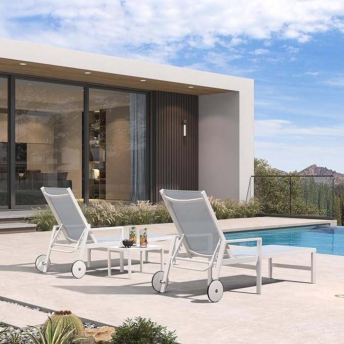 PURPLE LEAF Lounge Chair Outdoor Set 2 Pieces White Aluminum Chaise Lounge with Armrest and Wheels for Pool Deck Patio, Mixed Color